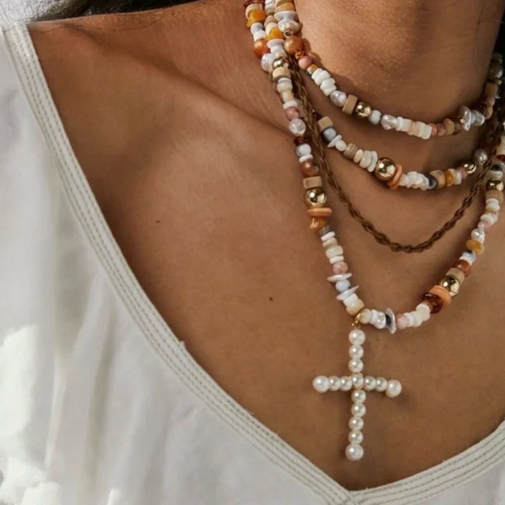 Free People Multicolor Beaded Pearl Cross Necklace NWT